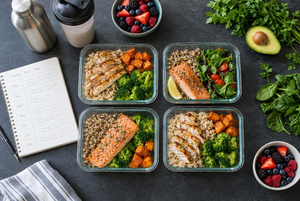 Healthy meal prep containers with chicken, salmon, rice and vegetables next to a weekly meal plan