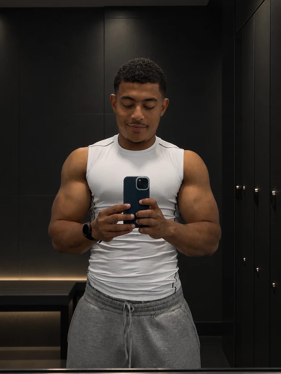 Salem Alawi today, muscular, taking a mirror selfie in a gym changing room